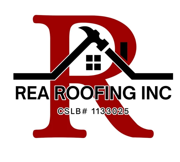 Rea Roofing Inc. logo — a red R with a black roofline, hammer and window, above the CSLB license number